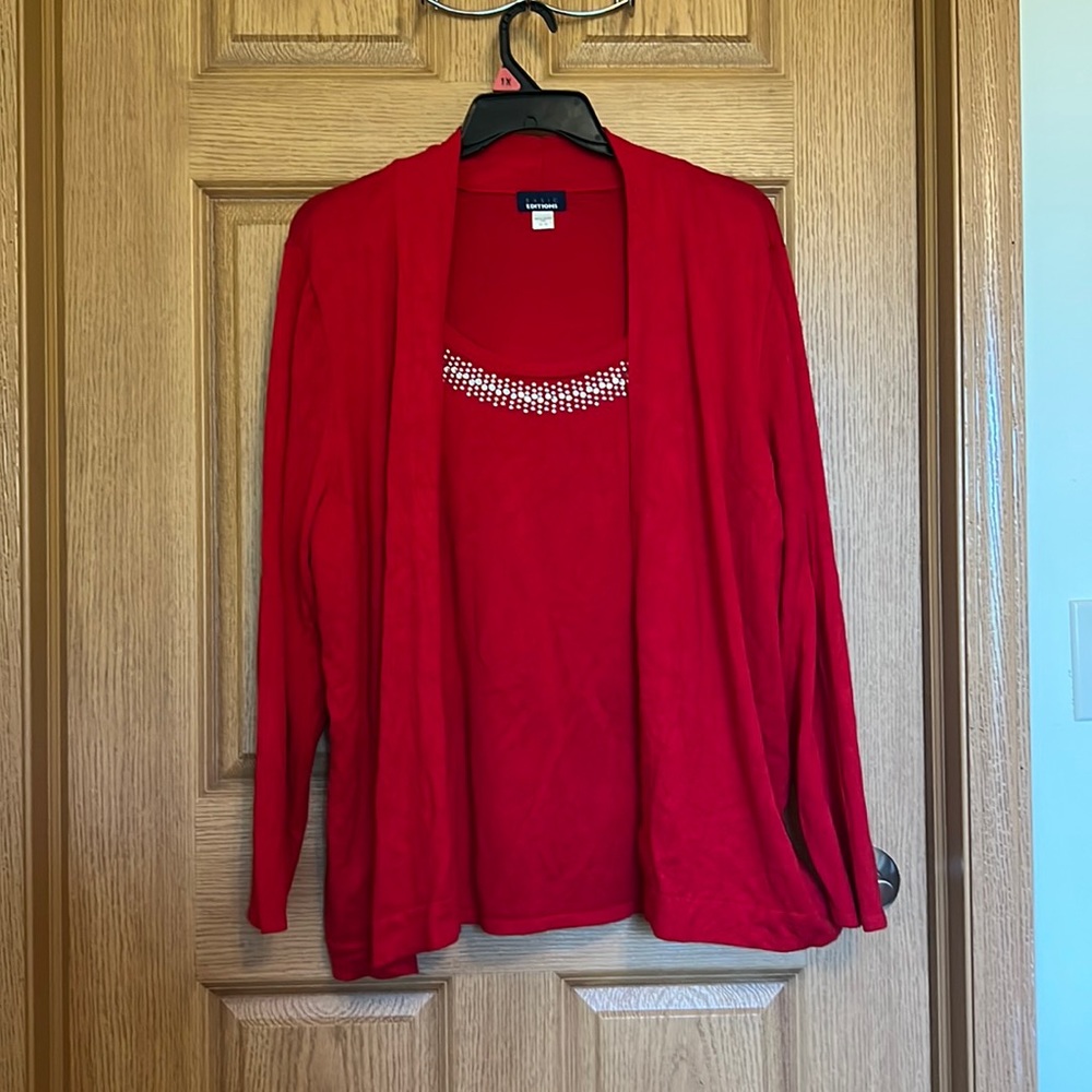 Basic editions red sweater with jewel accent